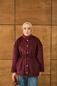 Simli Kaşe Çıtçıtlı Ceket Bordo