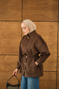 Simli Kaşe Çıtçıtlı Ceket Kahverengi