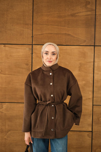 Simli Kaşe Çıtçıtlı Ceket Kahverengi