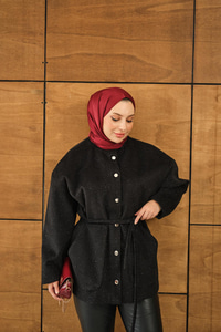 Simli Kaşe Çıtçıtlı Ceket Siyah