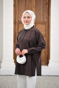 Sıralı Boncuk İşlemeli Gömlek Acı Kahve