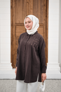 Sıralı Boncuk İşlemeli Gömlek Acı Kahve