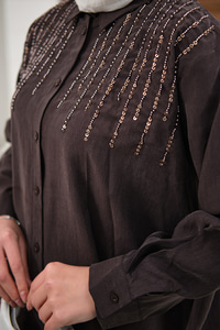 Sıralı Boncuk İşlemeli Gömlek Acı Kahve