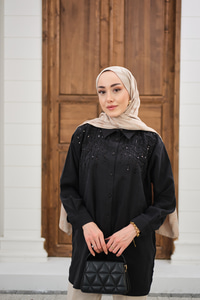 Sıralı Boncuk İşlemeli Gömlek Siyah