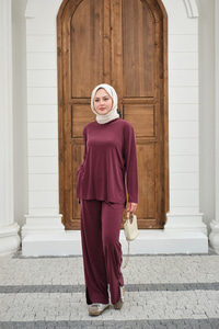 Sırt Dikiş Detay Beli Lastikli Takım Mürdüm