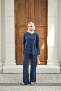 Sırt Dikiş Detay Beli Lastikli Takım Mavi