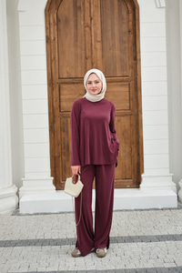 Sırt Dikiş Detay Beli Lastikli Takım Mürdüm