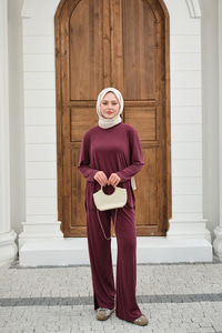 Sırt Dikiş Detay Beli Lastikli Takım Mürdüm