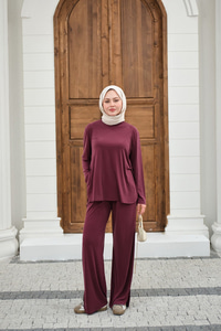 Sırt Dikiş Detay Beli Lastikli Takım Mürdüm