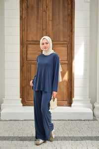 Sırt Dikiş Detay Beli Lastikli Takım Mavi