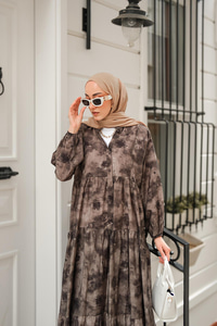 Sisli Çicek Desenli Elbise Antrasit