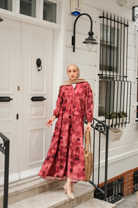 Sisli Çicek Desenli Elbise Bordo