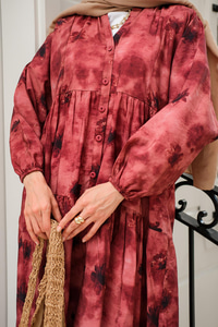 Sisli Çicek Desenli Elbise Bordo