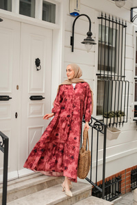 Sisli Çicek Desenli Elbise Bordo