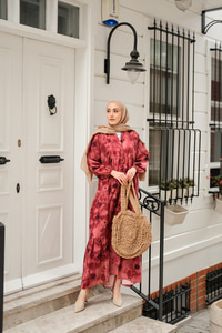 Sisli Çicek Desenli Elbise Bordo