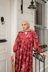 Sisli Çicek Desenli Elbise Bordo