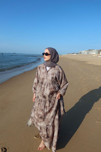 Sisli Çicek Desenli Elbise Gri