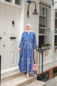 Sisli Çicek Desenli Elbise Lacivert