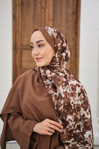 Sisli Gül Desen Şal Açık Kahve