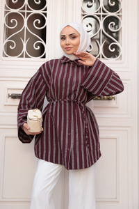 Siyah Çizgili Balon Kol Gömlek Bordo