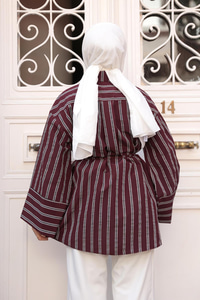 Siyah Çizgili Balon Kol Gömlek  Bordo