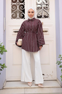 Siyah Çizgili Balon Kol Gömlek  Bordo