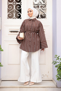 Siyah Çizgili Balon Kol Gömlek Kahverengi