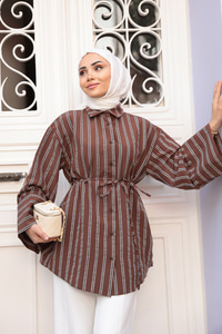 Siyah Çizgili Balon Kol Gömlek Kahverengi