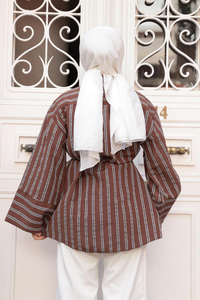 Siyah Çizgili Balon Kol Gömlek  Kahverengi