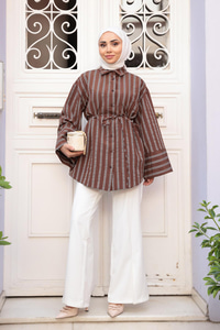 Siyah Çizgili Balon Kol Gömlek  Kahverengi