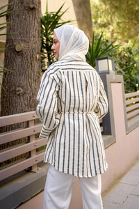 Siyah Çizgili Balon Kol Gömlek Krem