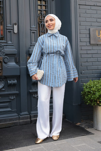 Siyah Çizgili Balon Kol Gömlek Mavi