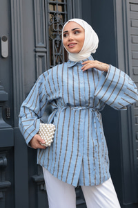 Siyah Çizgili Balon Kol Gömlek Mavi