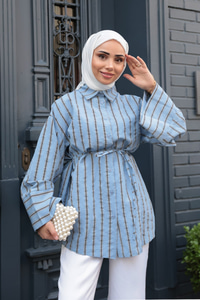 Siyah Çizgili Balon Kol Gömlek Mavi