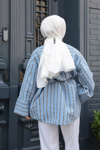 Siyah Çizgili Balon Kol Gömlek Mavi