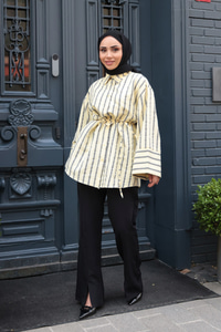 Siyah Çizgili Balon Kol Gömlek Sarı