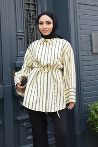 Siyah Çizgili Balon Kol Gömlek Sarı