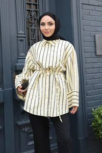 Siyah Çizgili Balon Kol Gömlek  Sarı