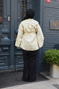 Siyah Çizgili Balon Kol Gömlek Sarı