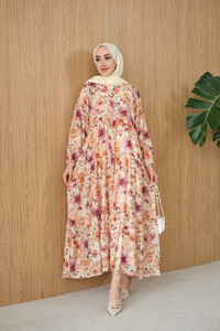 Soft Çiçek Desen Elbise Mürdüm