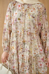 Soft Lale Desen Elbise Yeşil