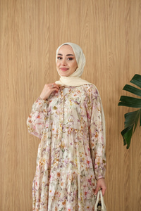 Soft Lale Desen Elbise Yeşil