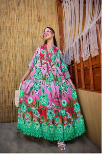 Soyut Botanik Desen Elbise Pembe-Kırmızı