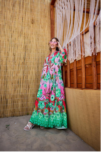 Soyut Botanik Desen Elbise Pembe-Kırmızı