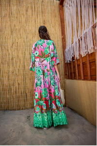 Soyut Botanik Desen Elbise Pembe-Kırmızı