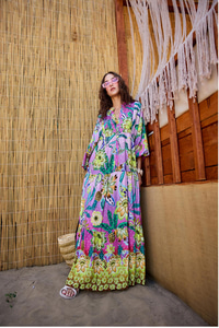 Soyut Botanik Desen Elbise Pembe-Mor