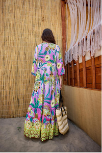 Soyut Botanik Desen Elbise Pembe-Mor