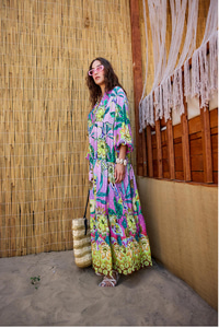 Soyut Botanik Desen Elbise Pembe-Mor