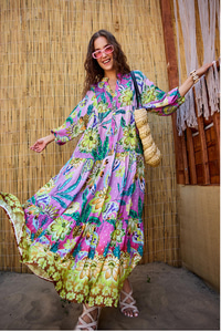 Soyut Botanik Desen Elbise Pembe-Mor