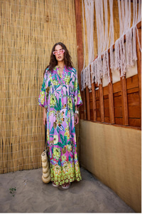 Soyut Botanik Desen Elbise Pembe-Mor